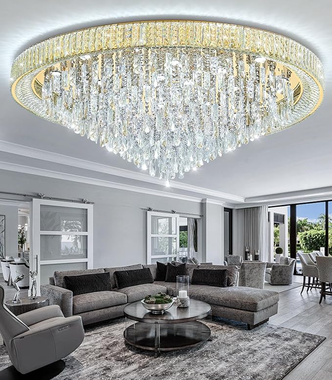 53.7" Modern Crystal Big Large Chandeliers LED Dimmable Flush Mount Ceiling Chandeliers for Living Room High Ceiling Entrance Foyer Lobby Bedroom Gold