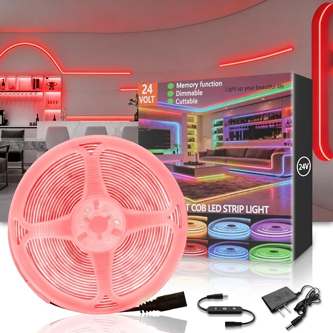 Red COB 10Ft LED Strip Lights 24V Dimmable High CRI95+ Ultra Bright Flexible LED Tape Lights LED Lights Strip Rope Lights for Romantic Wedding Anniversary Home Bedroom Indoor Decorative Lighting