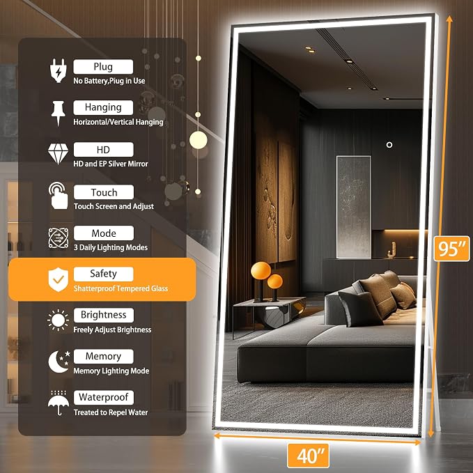 Hasipu Full Length Mirror with Lights, 95" x 40" LED Lighted Floor Standing, Full Body Dressing Hanging Mounted Mirror, Tempered Glass, Square White