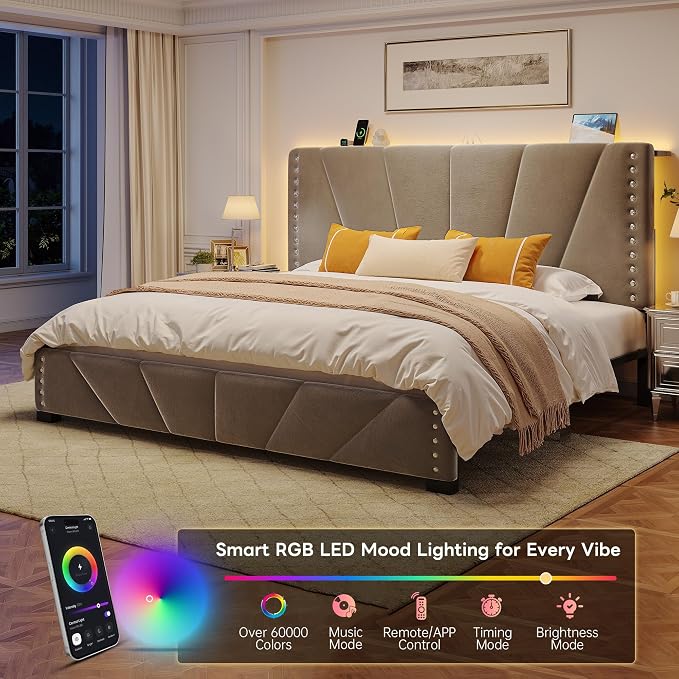 EnHomee King Size Bed Frame with LED Lights & USB, Noise-Free, Grey | Adjustable Velvet Headboard，Under-Bed Storage，Heavy Duty Support with 12 Slats，No Box Spring Needed，Easy Assembly for Bedroom