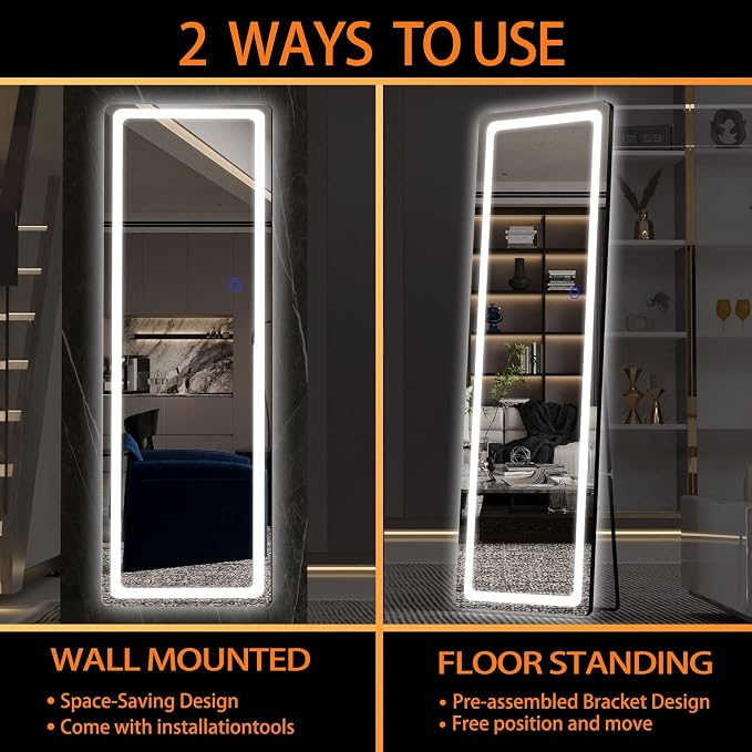Hasipu Full Length Mirror with Lights, 56" x 16" LED Floor, Full Body Dressing Standing, Hanging Mounted Mirror, Round Black