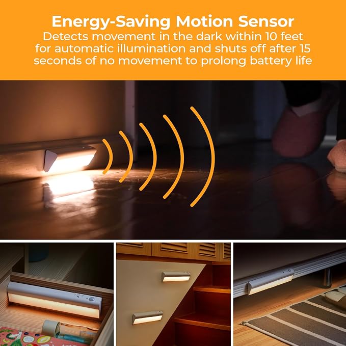 PureOptics LED Battery Operated Under Cabinet Lighting, Motion Sensor On/Off, Warm White LED, Stick-On Install for Kitchen & Closets - 2 Bars