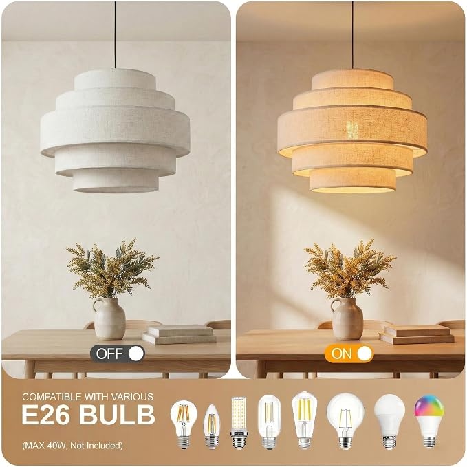 AUQUEE 5-Tier Farmhouse Chandelier, 13" Modern Drum Pendant Light Fixture with Linen Lampshade, Adjustable Height Hanging Ceiling Lighting for Bedroom/Nursery/Dining Room/Kitchen Island/Entryway,Beige