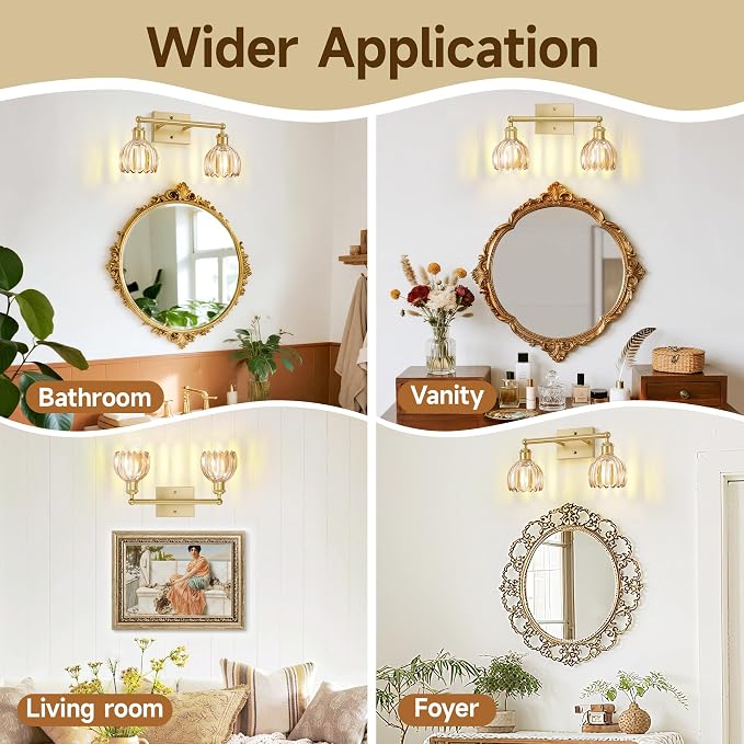 2 Light Bathroom Vanity Lights Over Mirror,Vintage Wall Sconce,Antique Brass Bathroom Light Fixtures,Tulip Sconces Wall Lighting with Amber Thick Glass Shade for Bedroom Living Room, E26 Base