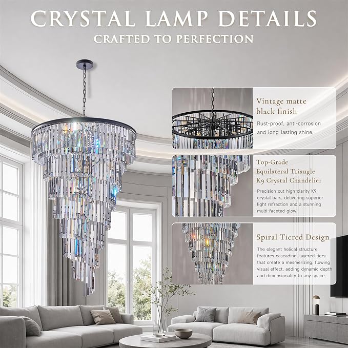 36'' Spiral Crystal Chandelier Black Modern Light Fixture, Large High Ceiling Foyer Ceiling Pendant Light, 30 E12 LED Bulbs Included, Adjustable Chain Hanging Lamp for Entryway, Hallway, Black