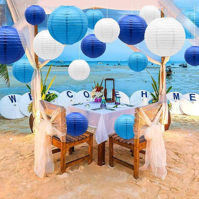21- Pack Blue Paper Lanterns, Hanging Round Party Decorations | Reusable Indoor & Outdoor Decor for Anniversary, Graduation, Wedding, Birthday, Baby Shower Decorations, 4/6/8/10 inches