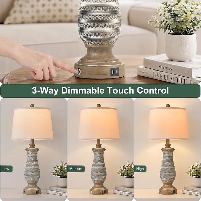 Living Room Lamps Set of 2, Table Lamps for Bedroom, Farmhouse Lamps for Nightstand with Oatmeal Linen Lampshade (Wood Grain-2)