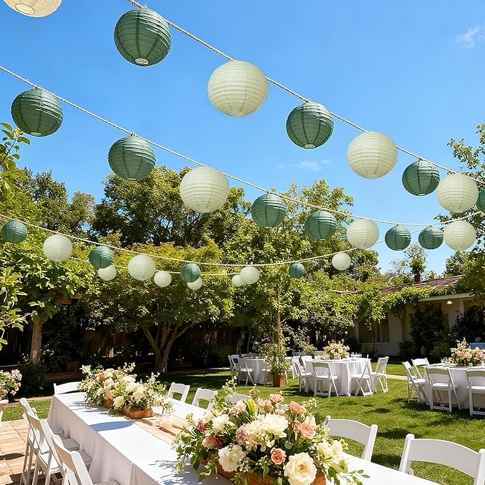 20Pcs Paper Lanterns Decorative, Green Round Hanging Lanterns for Wedding | 6"8"10" Hunter Green and Sage Green Paper Lanterns Decorations for Rustic Party Bridal Shower Birthday Home Classroom Decor