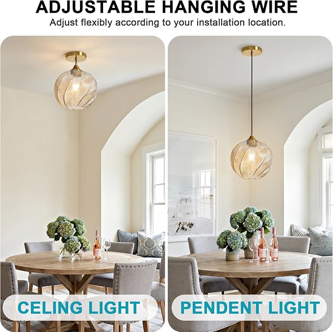 Amber Glass Pendant Lights Kitchen Island Gold Hanging Ceiling Light 9.84" | 1 Pack, Adjustable height, Dimmable, E26 bulbs, Rust-resistant Damp Rated For Bathrooms, 5-Year Warranty, UL Certification