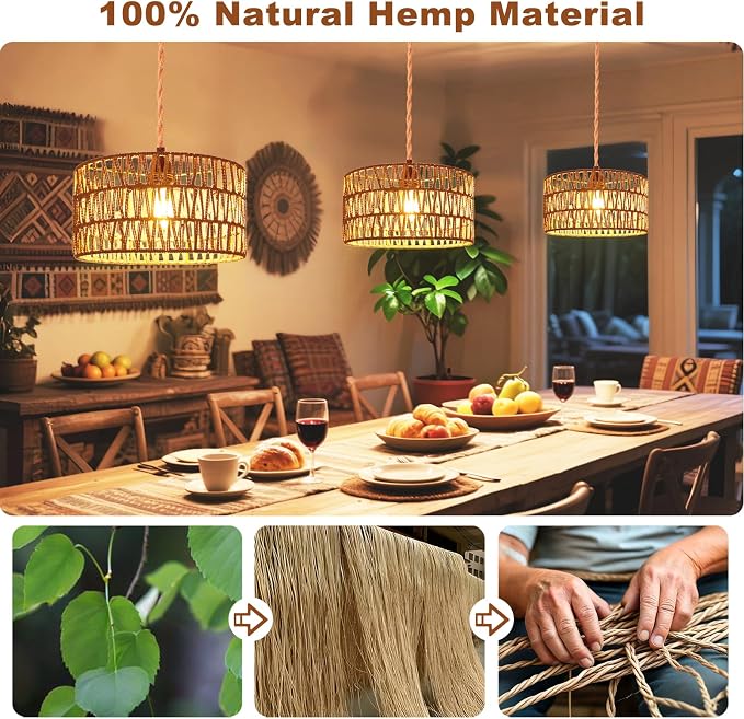 Maliralt Hanging Lamps Rattan Pendant Light Hanging Lights 16.4ft Plug in Cord Pendant Light Fixture Plug Into Wall Outlet Pendant Lighting with On Off Switch for Bedroom Living (Cylindrical Shade)