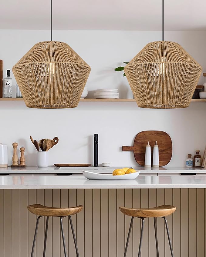 ELYONA 17” Woven Pendant Light, Modern Boho Chandelier Handwoven Rattan Basket Shade, Japandi Pendant Light Fixtures Farmhouse Ceiling Hanging Lamp for Dining Room, Kitchen Bedroom, Entryway, Foyer