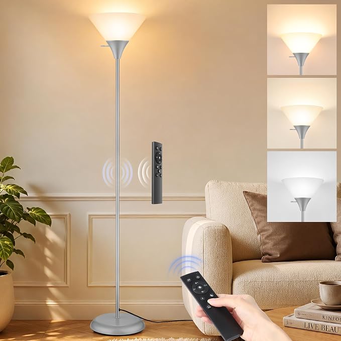 Coucrek Floor Lamp for Living Room, Torchiere Standing Light | Remote Control Stepless Dimmable Brightness & Color Temperature, 9W LED Bulb Included, Tall Lamp for Bedroom, Office, Dorm