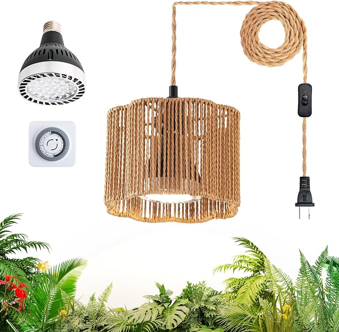 Hanging Grow Light, 30W LED Lamp with Timer for Indoor Plants | 4000K LED plant lamp with 15 ft cord, outlet timer, and boho paper rope shade for succulents, herbs, and low-light rooms.