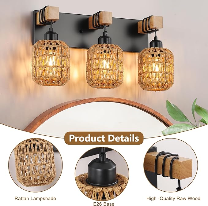 LmnLvn 3-Light Bathroom Vanity Light, Boho Farmhouse Rattan Handwoven Shade | Wood & Metal Frame, Rattan Vanity Light Design, Mounted Over Mirror, Easy To Install for Restroom, Bedroom & Hallway