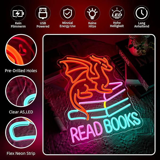 Book Dragon Neon Sign Library Dragon Decor Cool Kids Read Books Reading Corner for Kids Neon Signs for Wall Decor LED Light Library Classroom Book Club Christmas Gift for Teens