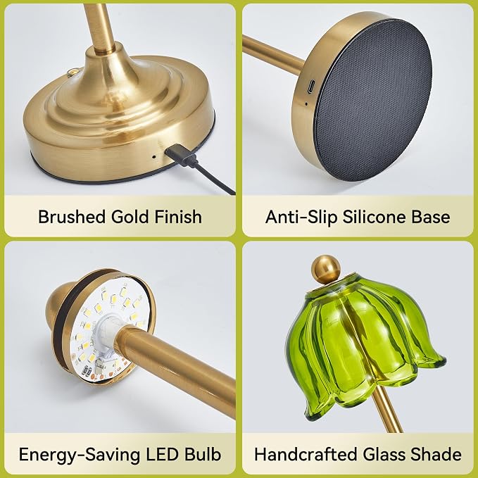 Small Tulip Cordless Table Lamp, LED Touch Accent Lamp with Amber Glass Shade, Dimmable Vintage Table Lamps for Bedroom, Kitchen, Nightstand, Restaurant