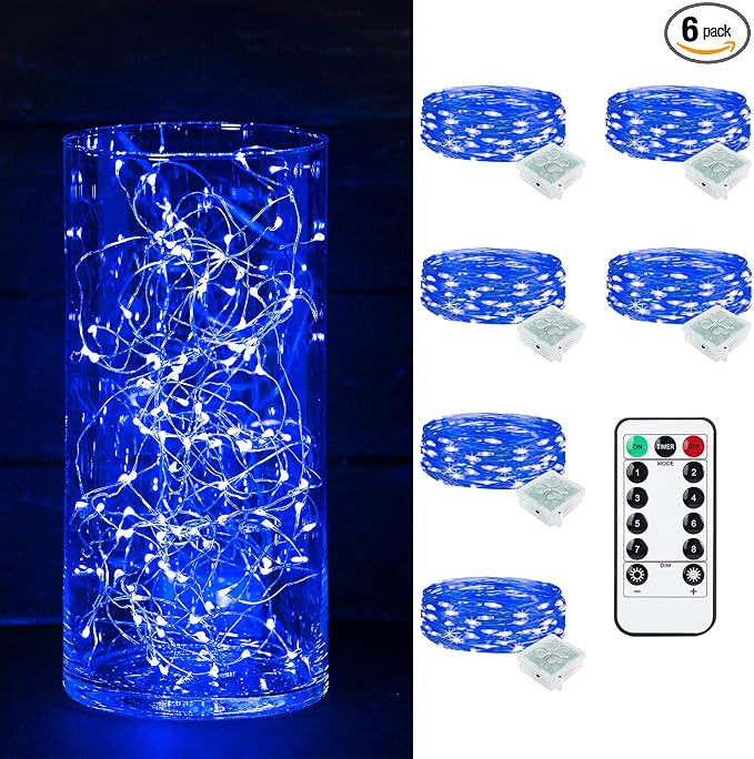 6 Pack Fairy Lights Battery Operated with Remote Timer 8 Lighting Modes,7ft 20 LED Waterproof Mini String Lights for Halloween Christmas Table Centerpieces Bedroom Decorations,Blue