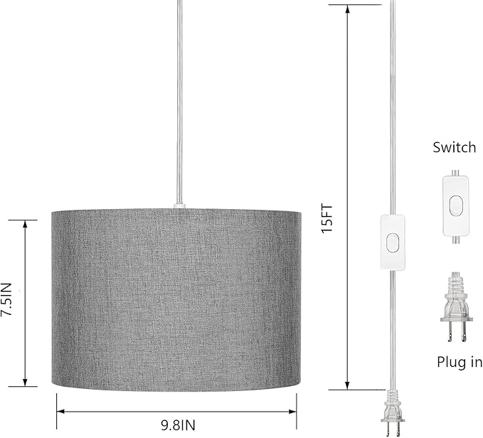 15FT Plug in Pendant Light, Hanging Lamp with Switch,Gray Hanging Lights with Plug in Cord, Pendant Lamp with Remote Control，Pendant Light Fixture for Living Room Bedroom Farmhouse