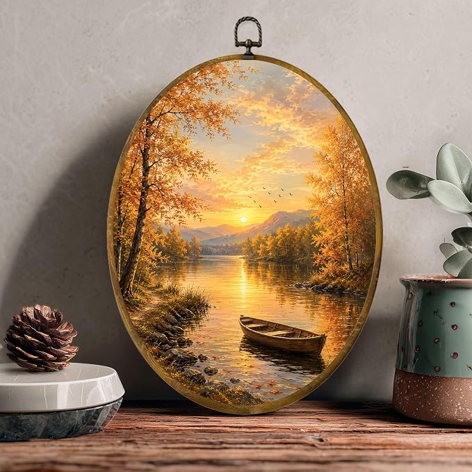 Fall Lake Oval Wall Art, Framed Canvas Decor, 8.5x11.5 Inch | Autumn lake sunset, wooden boat, mountain view and golden trees farmhouse decor