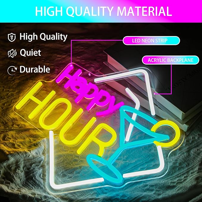 Happy Hour Neon Sign Dimmable Cocktails Happy Hour Neon Bar Sign for Home Bar Cocktails LED Neon Light for Beer Bar Pub Man Cave Restaurant Hotel Party Window Wall Decor