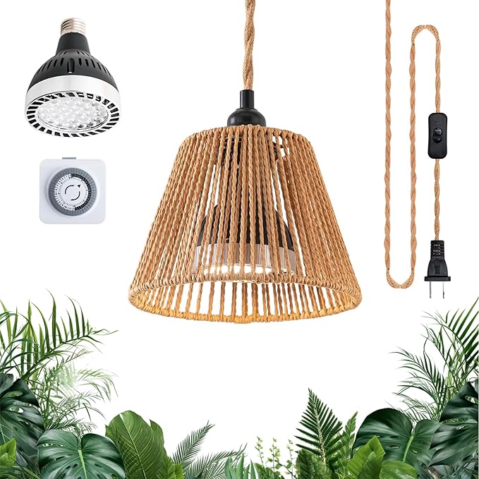 Hanging Grow Light, 30W LED Lamp with Timer for Indoor Plants | 4000K LED plant lamp with 15 ft cord, outlet timer, and boho paper rope shade for succulents, herbs, and low-light rooms.