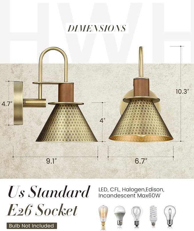 Barn Sconce Wall Lighting, HWH Gold Wall Sconces Indoor Wall Lights, 1-Light Vanity Wall Lamp for Bathroom Bedroom Bedside Kitchen, Hammered Metal Shade, Antique Brass Finish, 5HZG74B BG