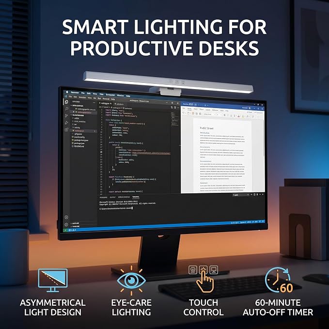 GLOGLOW Monitor Light Bar, ABS Touch Control LED Screen Lamp (White) | Asymmetrical Non-Glare Eye Protection Lighting, 60 Minute Auto Shutoff Timer Desktop Workstation for Student Dorm Study Space