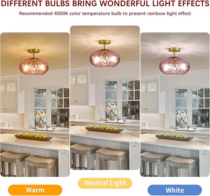 Vintage Semi Flush Mount Ceiling Light ,12″ Art Deco Red Hammered Glass | Gold,Mid Century,Whimsical,MCM,Unique Cute Retro Light Fixtures for Girls Bedroom,Entryway Laundry Room Kitchen Closet Foyer
