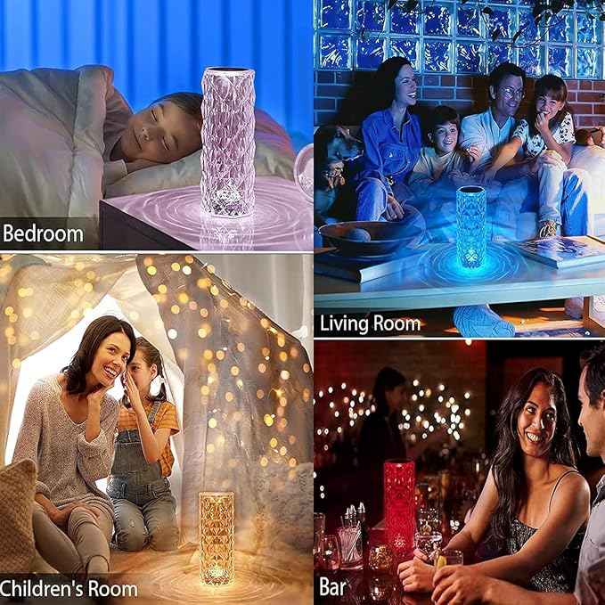 Crystal Table Lamp Touch, 16 Color Changing Night Light, Rechargeable, Dimmable, RGB Rose Diamond Ambient Mood Lighting, Protable Cordless Desk Lamp Bedside Led Light for Bedroom Living Room Party