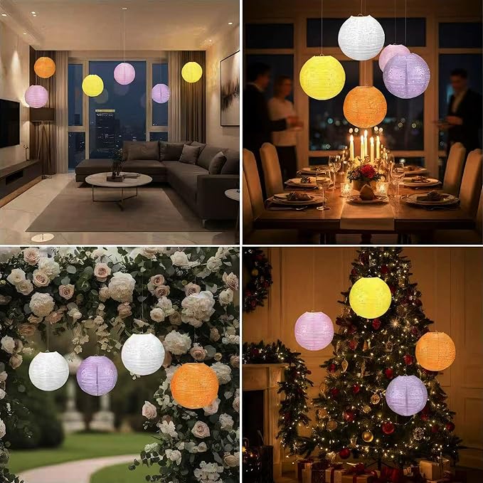 5Pack Paper Lanterns Chinese Japanese Hanging Paper Lanterns with LED Lights Sticks Tassels 8 Inch Round for Chinese Lunar New Year Party Decorations 2026 Spring Festival Wedding Asian Home Decor