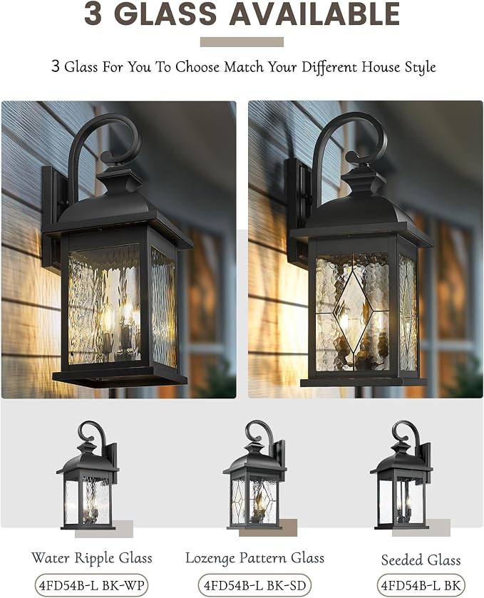 FEMILA 3-Light Outdoor Wall Light, 26" Large Exterior Wall Lantern with Water Ripple Glass, Porch Light for Entryway, Patio, Garage, and Doorway, E12 Base, 4FD54B-L SD BK