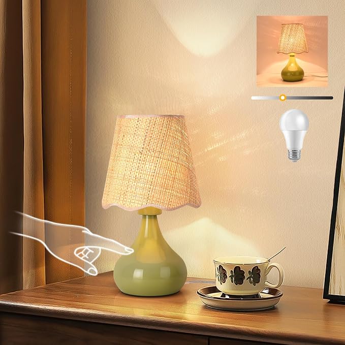 Green Small Touch Control Table Lamp for Bedroom,Green Bedside Lamps for Nightstand,Cute Mini Small Table Lamps for Small Spaces with Scalloped Shade for Kitchen Counter,Bookshelf,Living Room