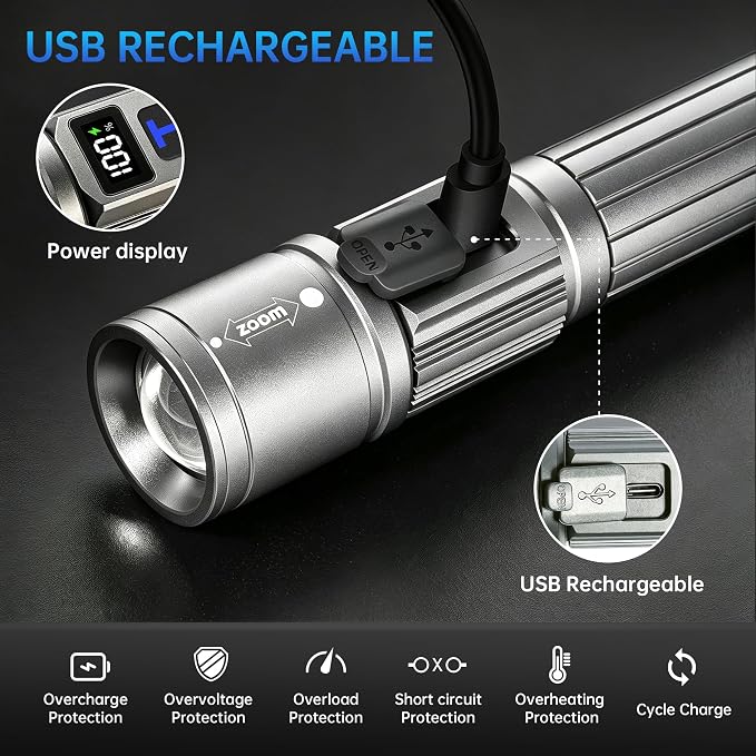 Rechargeable Flashlights 2 Pack, Super Bright High Lumens Flash Light, 5 Modes Zoomable Linternas with LCD Digital Display, Powerful Handheld LED Flashlights for Home Camping (Titanium)