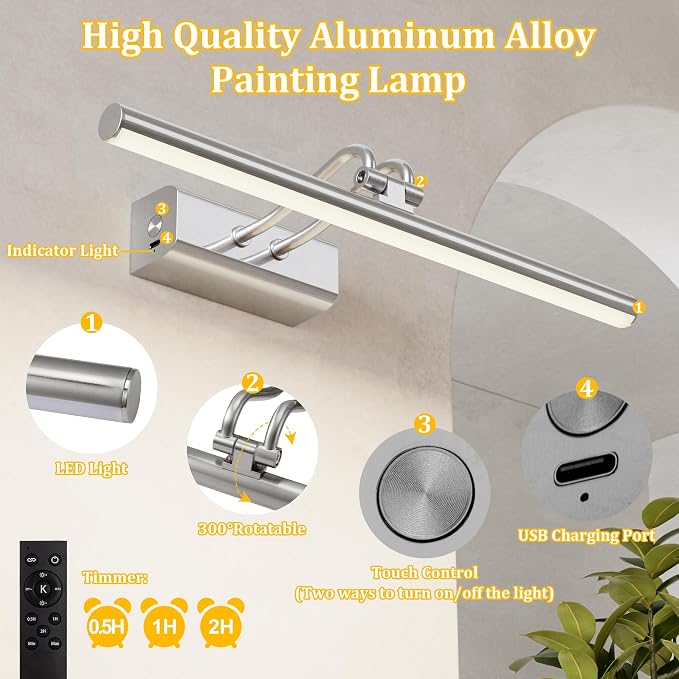 Picture Light for Wall, Platinum Silver, Battery Operated, Remote Control | 4000mAh Cordless,Wall Light, Magnetic for Easy to Charge,Timers, Display for Gallery Living Room Bedroom