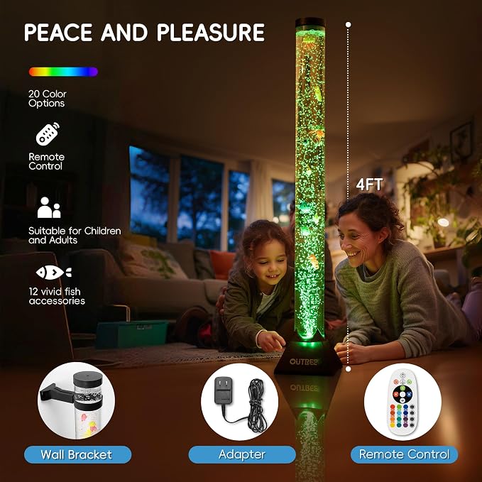 OUTREE 4FT Sensory Tube Lamp, Aquarium Bubble Fish Lamp with Remote Control, 20 Color Changing Effects, 12 Fish Accessories, Bubble Sensory Room, Night Light, Sensory Light for ADHD and Autism (Black)