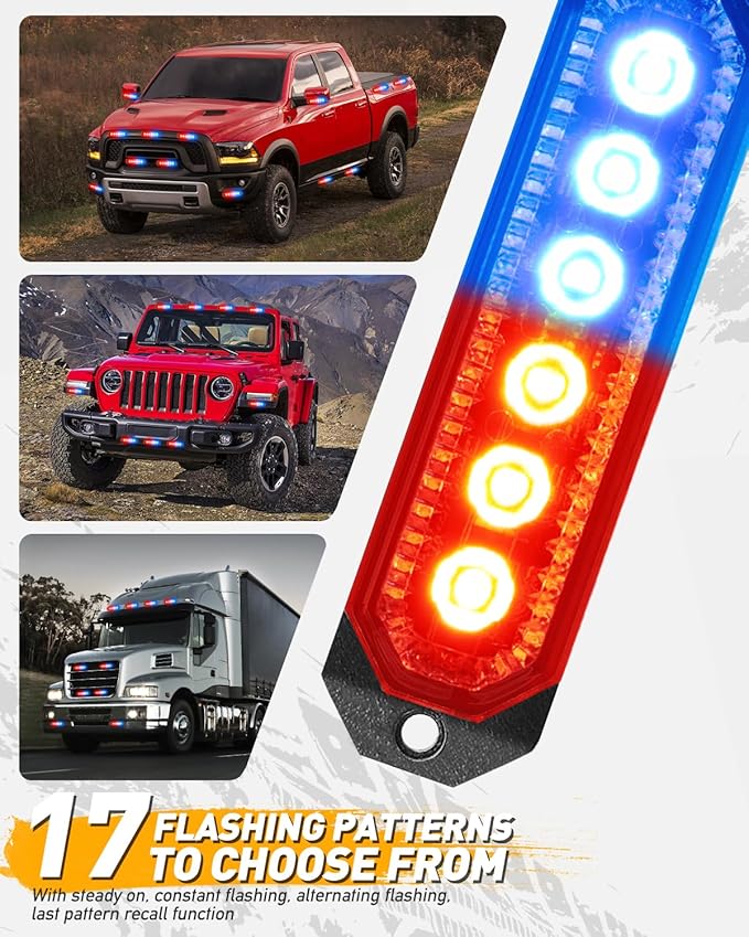 HLauto 406T Emergency Strobe Grille Lights: 4Pcs 6 LED Sync Feature Safety Warning Flashing Light, 12V-24V Ultra Slim Surface Mount Hazard Caution Light for Truck, Vehicle, Car, ATV, UTV (Red Blue)