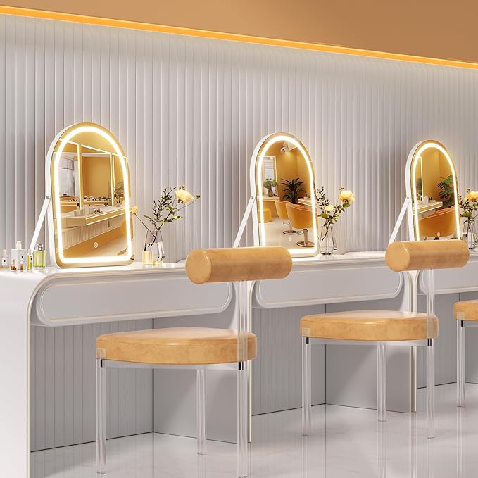 Hasipu Vanity Mirror with Lights and Bluetooth Speaker, 13.8"× 18" Arched LED Makeup Mirror, Lighted Makeup Mirror with Lights, Smart Touch Control Dimmable 3 Modes Light 360°Rotation White