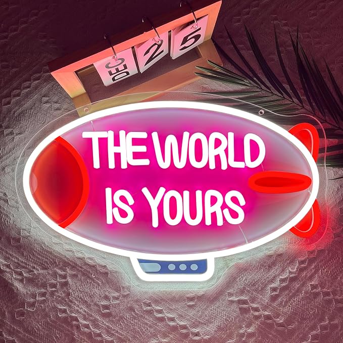The World Is Yours Neon Sign Dimmable Blimp Neon Light for Wall Decor | USB Powered Airship Led Light Up Sign for Bedroom Game Room Man Cave Boy Teen Room Bar Birthday Party Wedding Valentines Day