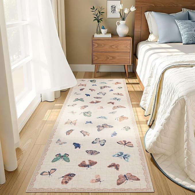 GarveeHome Butterfly Area Rug 2x6, No Slip Washable Rug, Modern Bedroom Rug Under Bed Ultra Carpet, Low-Profile Rugs for Living Room Bedroom Dining Room, Apricot
