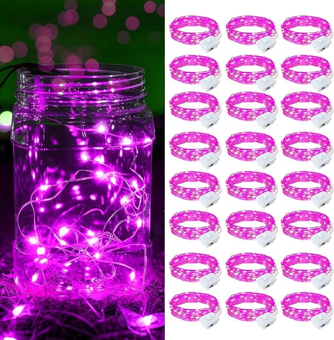24 Pack Pink Fairy Lights Battery Operated, 7ft 20 LED Mini String Twinkle Lights for Valentine's Day Easter Christmas Halloween Mason Jars Centerpiece Table Decorations (24, Pink)