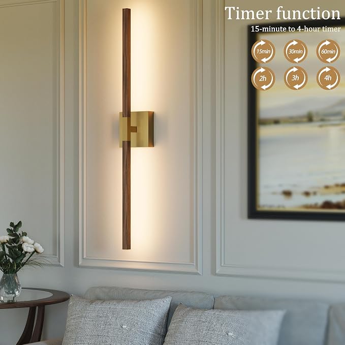 Rayogale Gold & Walnut Wireless Wall Sconce with Remote Control, 24 Inch | 3000/4500/6000K Dimmable 8000mAh Rechargeable Battery Wall Sconces Set of Two with Timer for Living Room, Bedroom