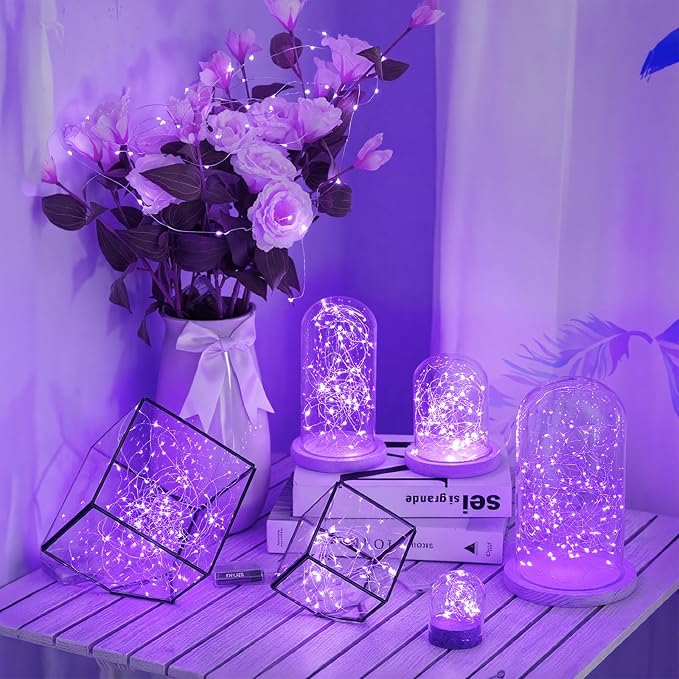 16FT(5M) Purple Fairy Lights, Rechargeable Battery Operated String Lights with Timer, 8 Modes Waterproof Mini LED Twinkle Lights for Bedroom Christmas Wedding Vine Centerpiece Table Decor