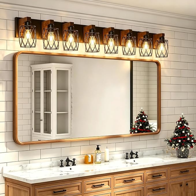 RVONOW 8-Light Farmhouse Bathroom Light Fixtures with Metal Shade | Rustic Bathroom Vanity Light with E26 Base for Bedroom Living Room Hallway, Black