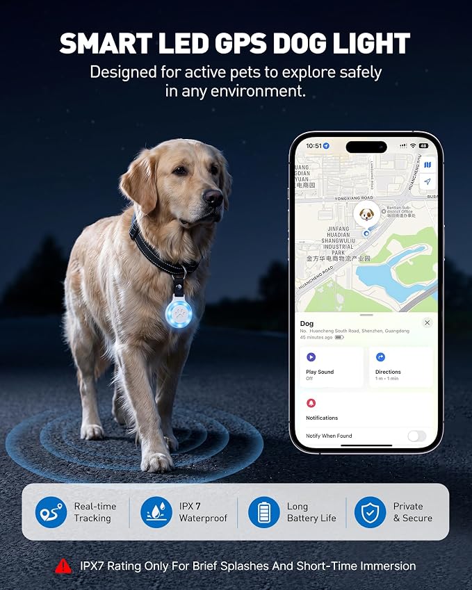 Pet Tracker for Cats and Dogs, Works with Apple Find My, No Monthly Fee | Compatible with iPhone,IPX7 Waterproof, RGB LED Night Light, Paw Print Design, 360-Day Battery, Lightweight Pet Collar Tag