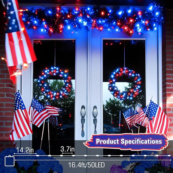 Red White and Blue Fairy Lights Battery Operated, 4th of July Lights with Timer 16.4ft 50LED for 4th of July Independence Day Memorial Day Decorations