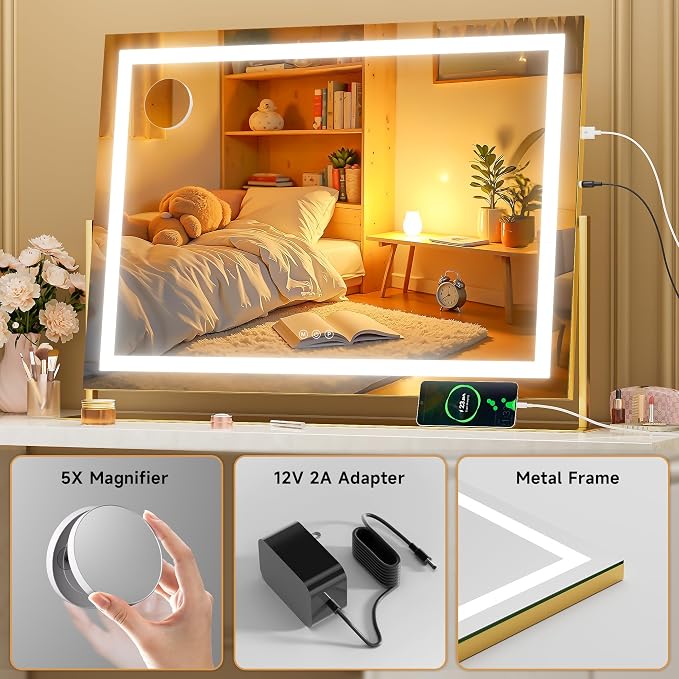 Hasipu Vanity Mirror with Lights, 28" x 20" LED Makeup Mirror, Light up Mirror with 10X Magnification and Phone Holder, USB Charging Port, Smart Touch 3 Colors Dimmable, 360° Rotation (Gold)