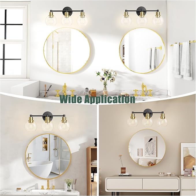 3 Light Bathroom Light Fixtures, Black and Gold Bathroom Vanity Lights, Modern Vanity Lights 3-Light Globe Bathroom Vanity Lighting Fixture Over Mirror