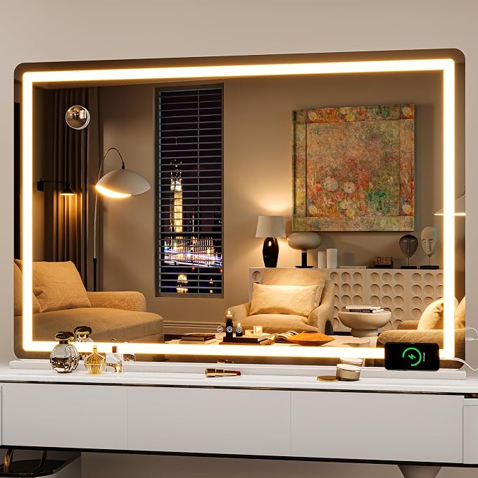 Hasipu Vanity Mirror with Lights, 50" x 34.6" LED Makeup Mirror, Lighted Makeup Mirror with Dimmable 3 Modes