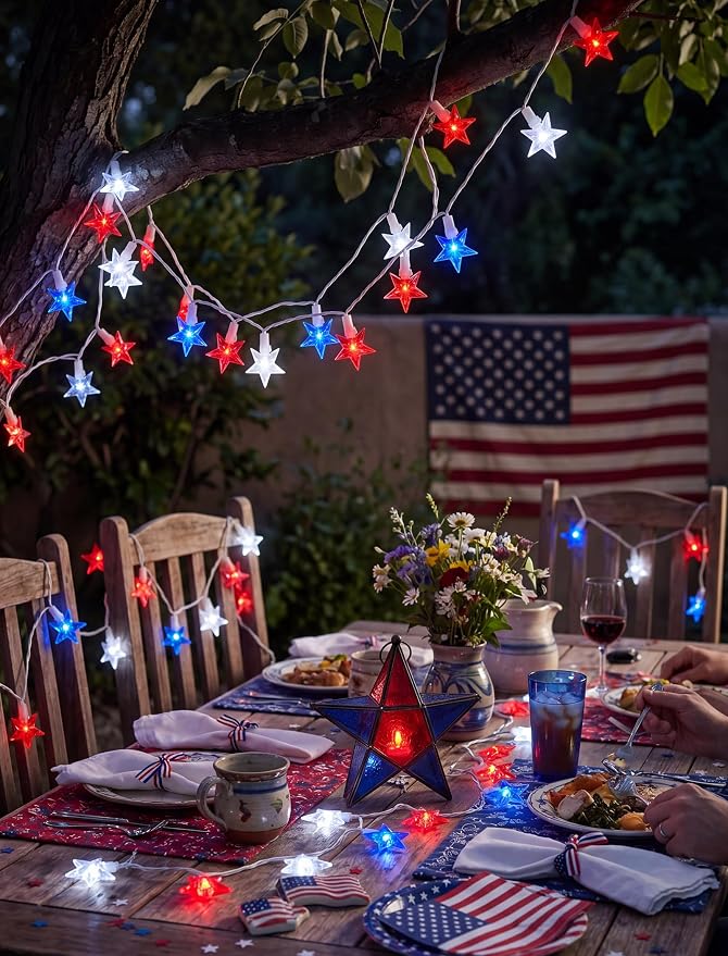 35 Red White and Blue Star Lights, 13.6Ft 4th of July String Lights | Plug in, Connectable, UL Certified, Five Star LED Bulbs, Home Decorations for Independence Day Patriotic Party, White Wire