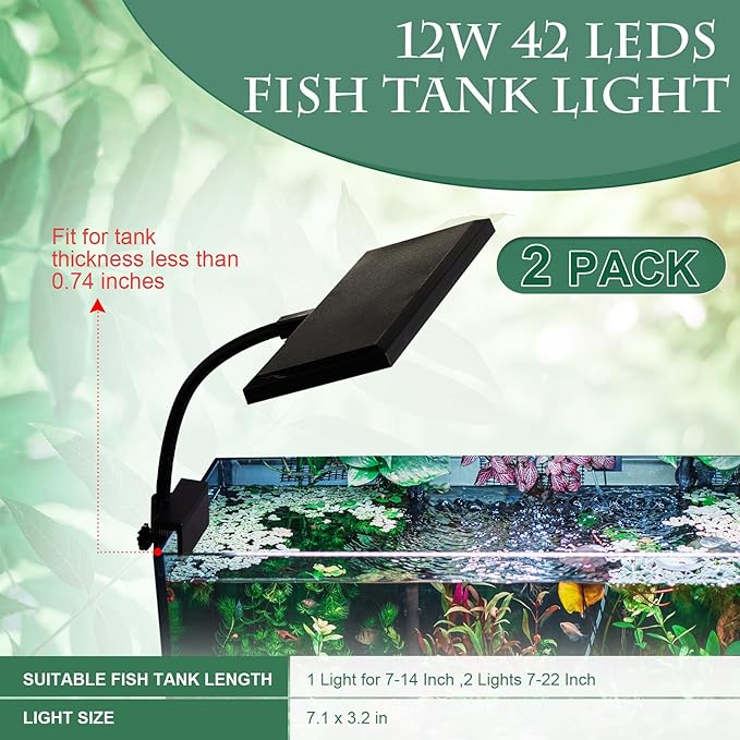 2 Pack Fish Tank Light Clip on LED Aquarium Light 12w 42 LEDs Assemble Aquarium Lamp with White Blue Red Green, 7-14 Inch for 7-22 Inch Planted Tank